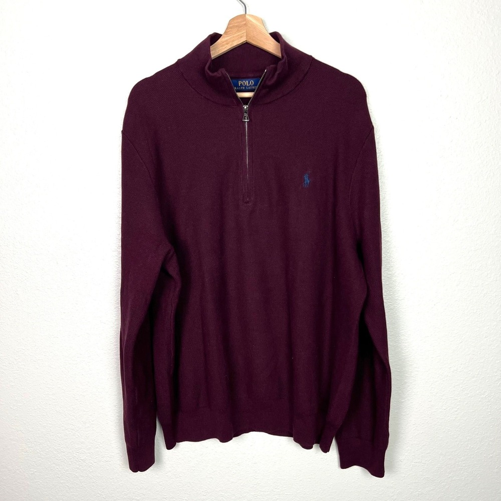 Polo‎ Ralph Lauren Mens XXL Maroon Mesh Knit Quarter Zip Pullover Sweater